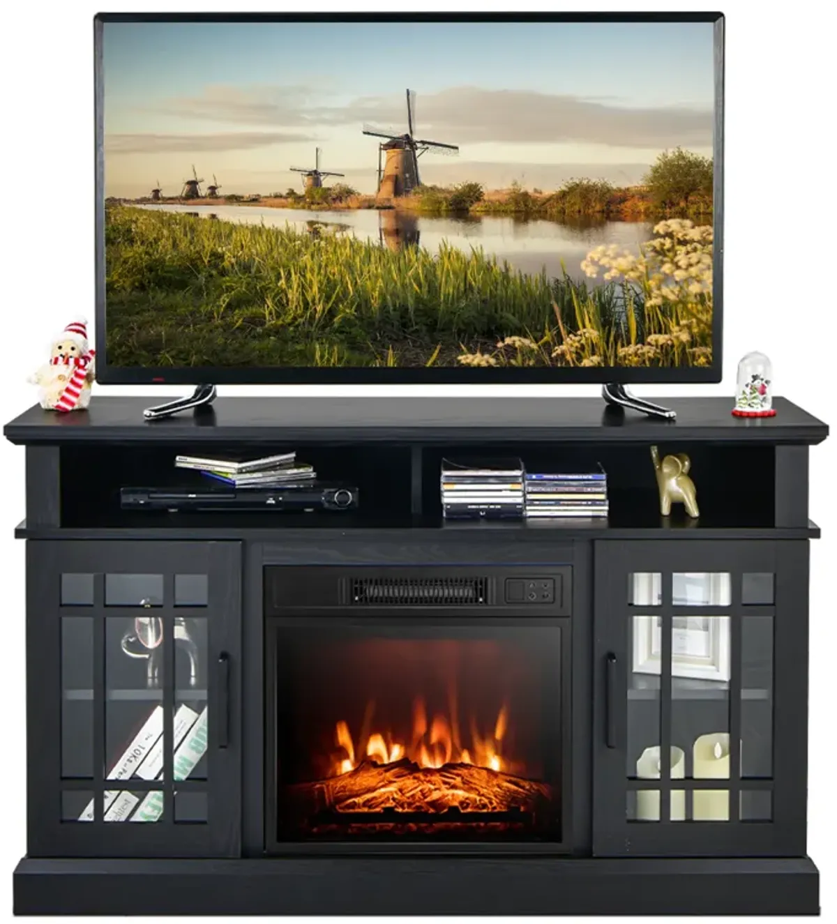 48 Inch Electric Fireplace TV Stand with Cabinets for TVs Up to 55 Inch-Natural