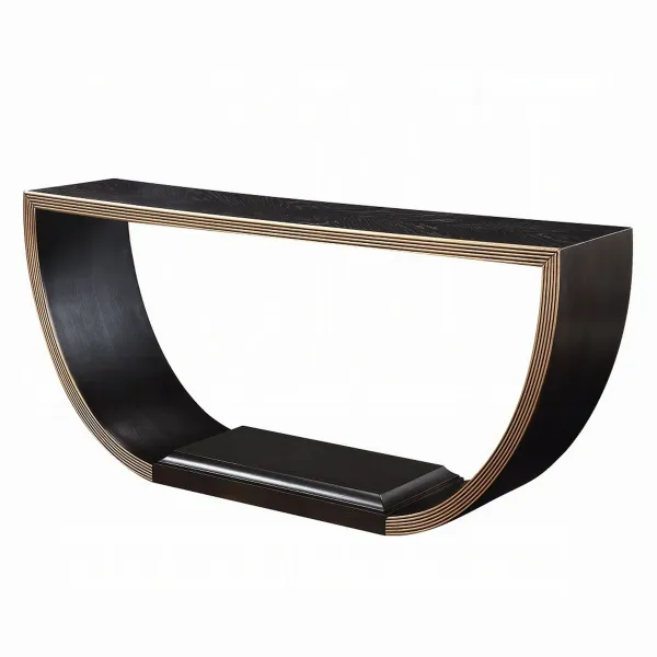 Riza Console Table, Half Moon Wood Frame Black, Gold Finish, 70 Inch - Benzara
