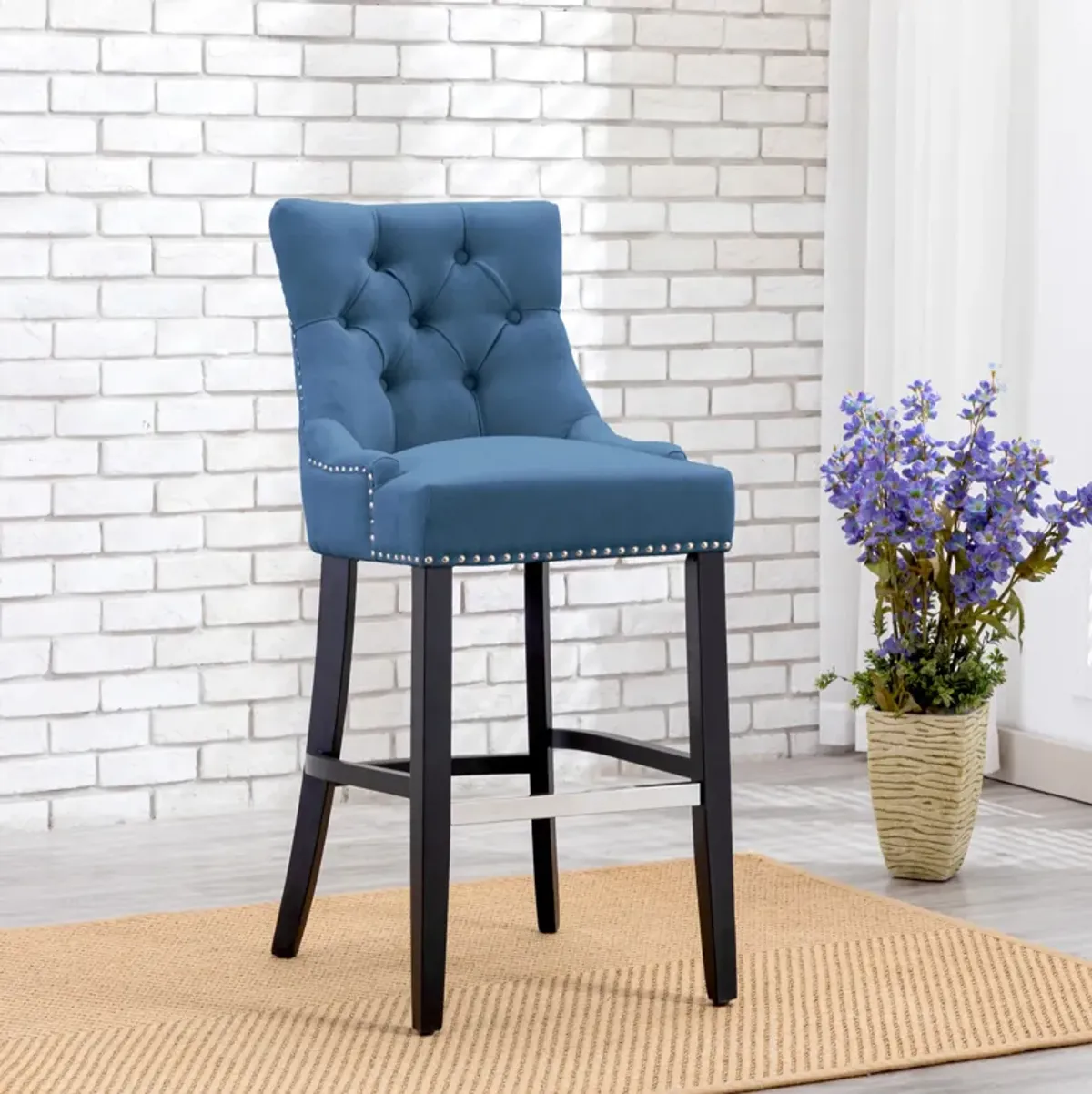 WestinTrends 29" Linen Fabric Tufted Upholstered Bar Stool, Black