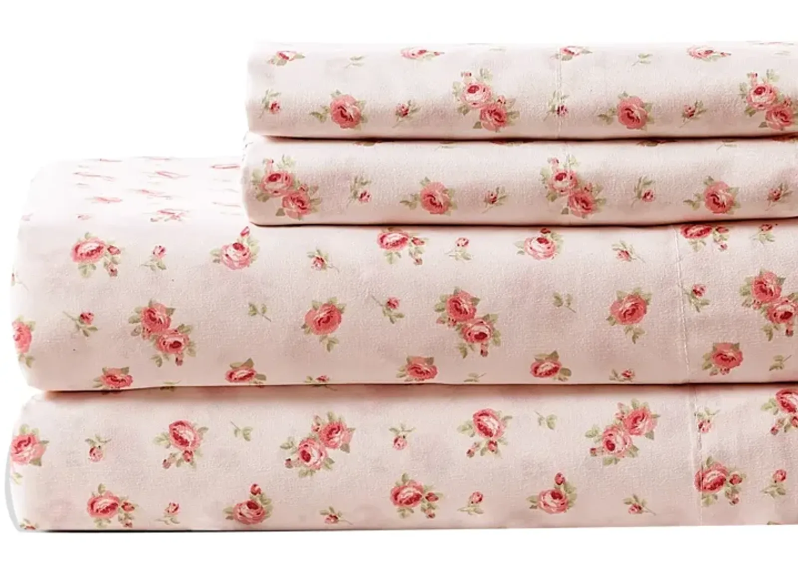 Melun 4 Piece Full Size Sheet Set with Rose Sketch The Urban Port, Pink and White - Benzara