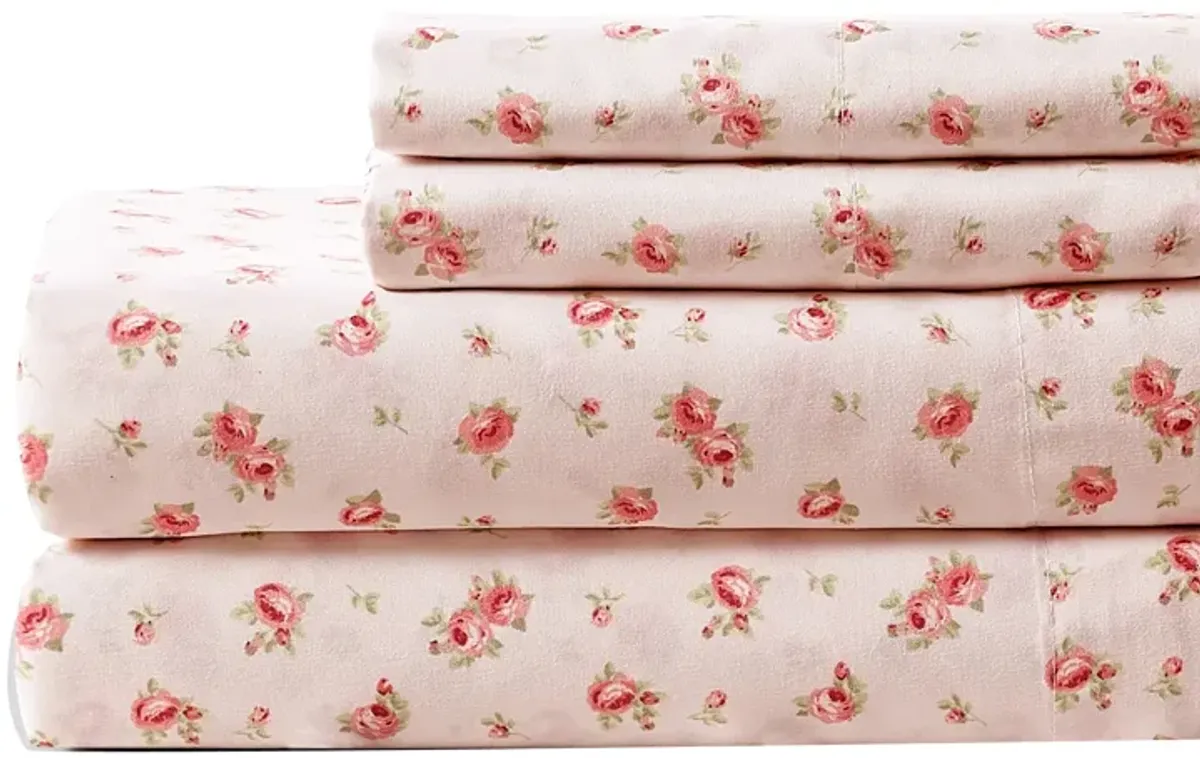 Melun 4 Piece Full Size Sheet Set with Rose Sketch The Urban Port, Pink and White - Benzara