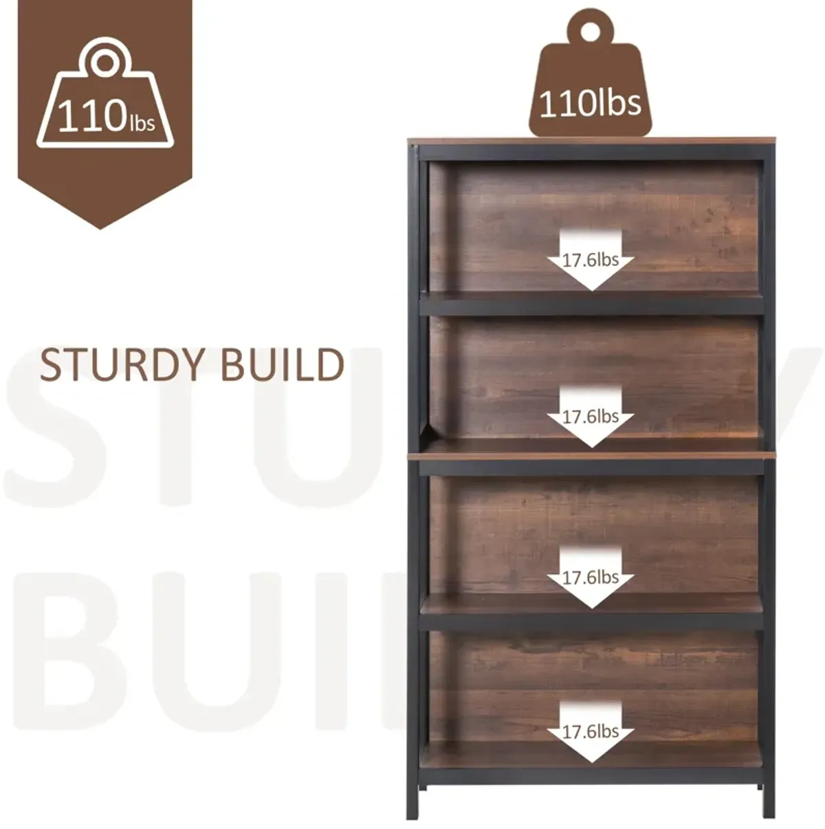 Walnut Bookshelf: 4-Tier Modern Design Storage Rack