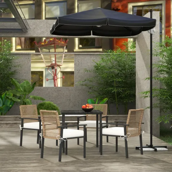 Outsunny 5 Piece Patio Dining Set, Outdoor Table and Chairs with Cushions, Wicker Furniture Dining Set with Umbrella Hole, Beige
