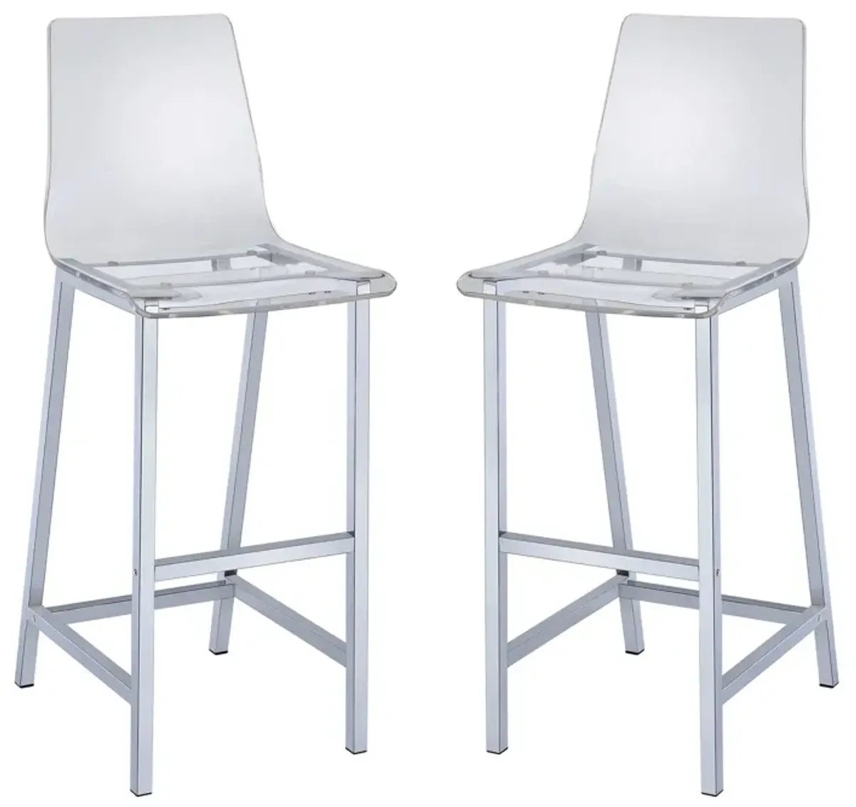 Elegant Acrylic Bar Height Stool with Chrome Base, Clear And Silver, Set of 2 - Benzara