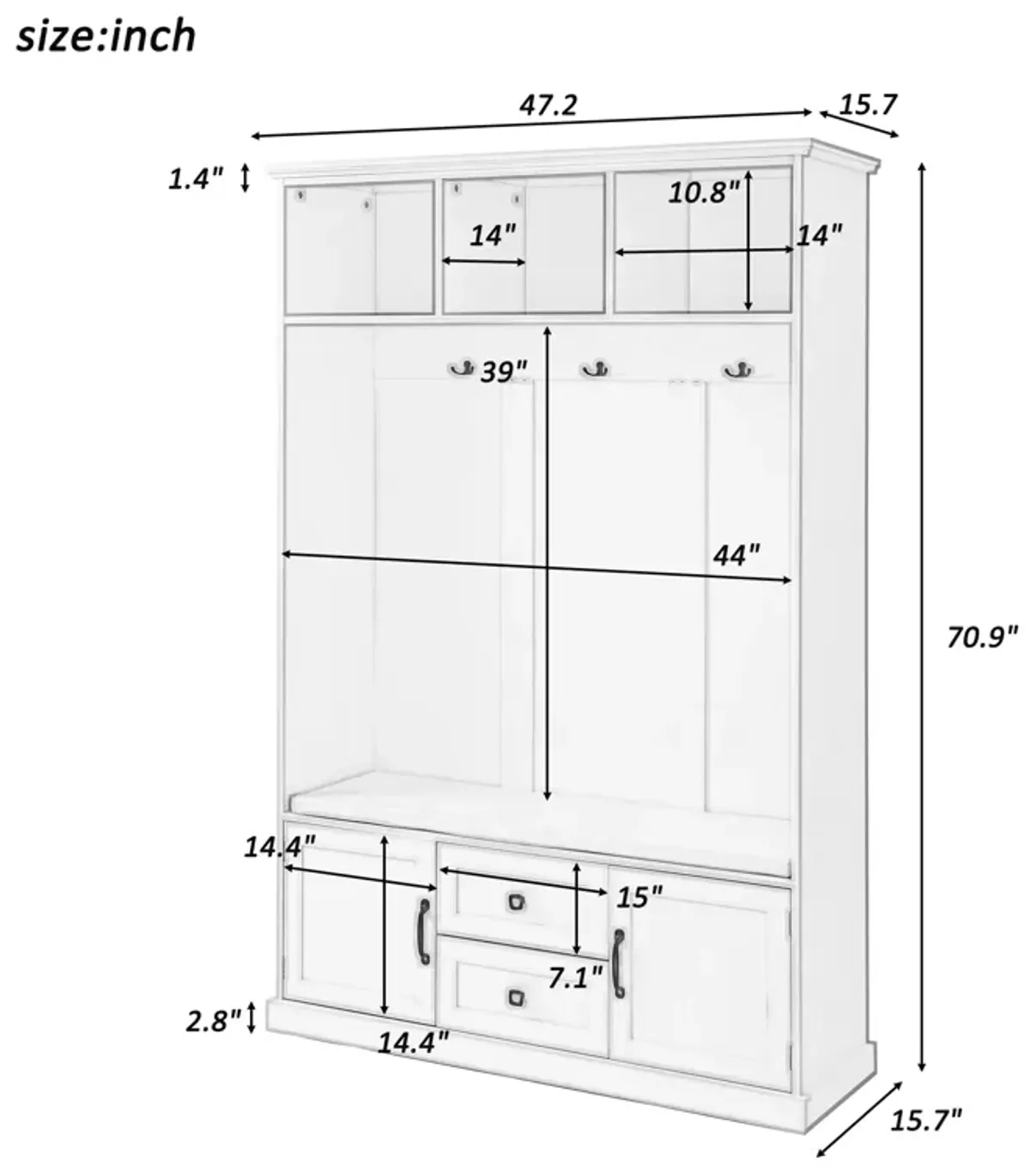 Hall Tree with 3 Hooks , Coat Hanger, Entryway Bench, Storage Bench, 3-in-1 Design, 47.2INCH, for Entrance, Hallway (White)