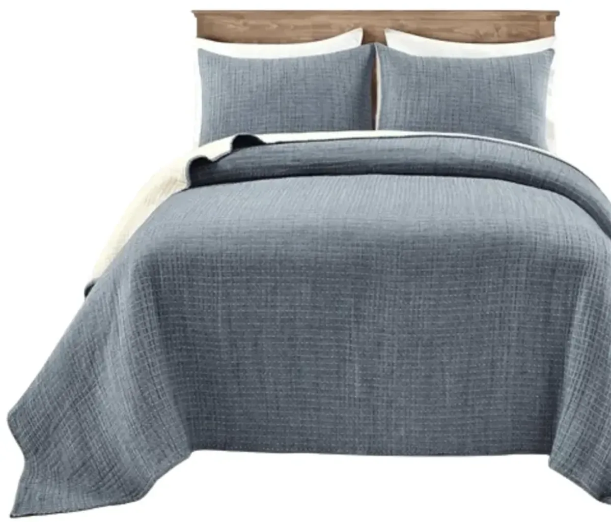 Hivvago King Size 3 Piece Reversible Woven Cotton Quilt Set in Navy Cream