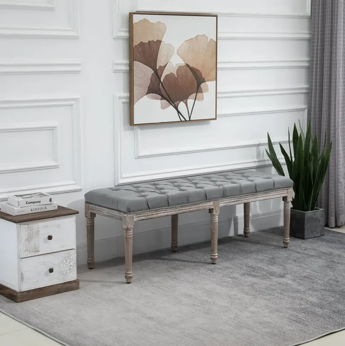 Grey Living Room Bench: Upholstered Fabric Ottoman with Wood Legs