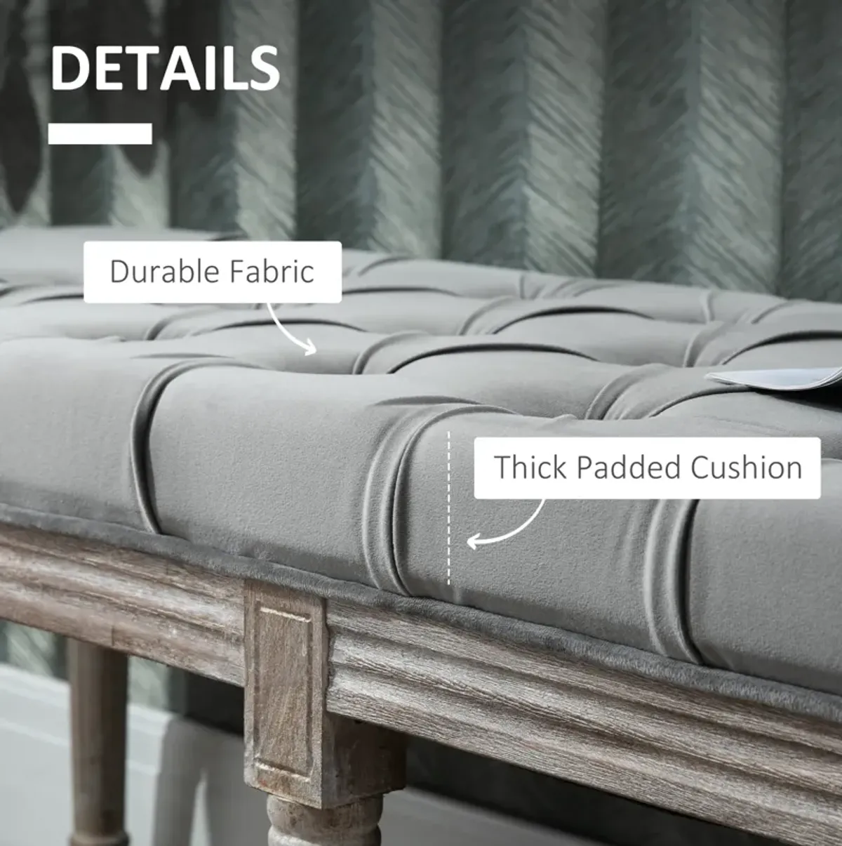 Grey Living Room Bench: Upholstered Fabric Ottoman with Wood Legs