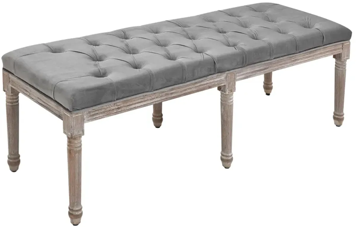 Grey Living Room Bench: Upholstered Fabric Ottoman with Wood Legs