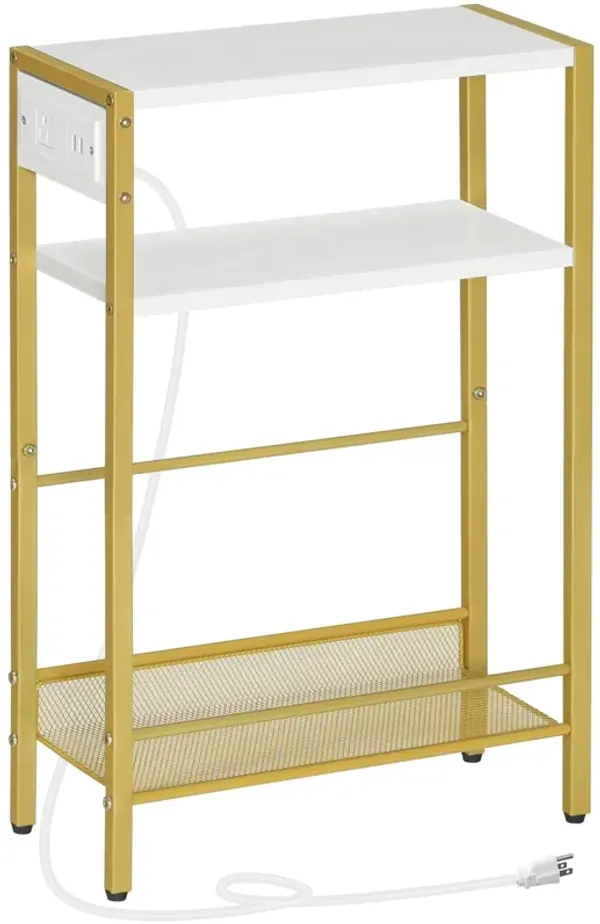 HOOBRO Small Narrow Side Table with Charging Station, Skinny End Table for Small Spaces, Slim Nightstand with USB Ports Outlet,