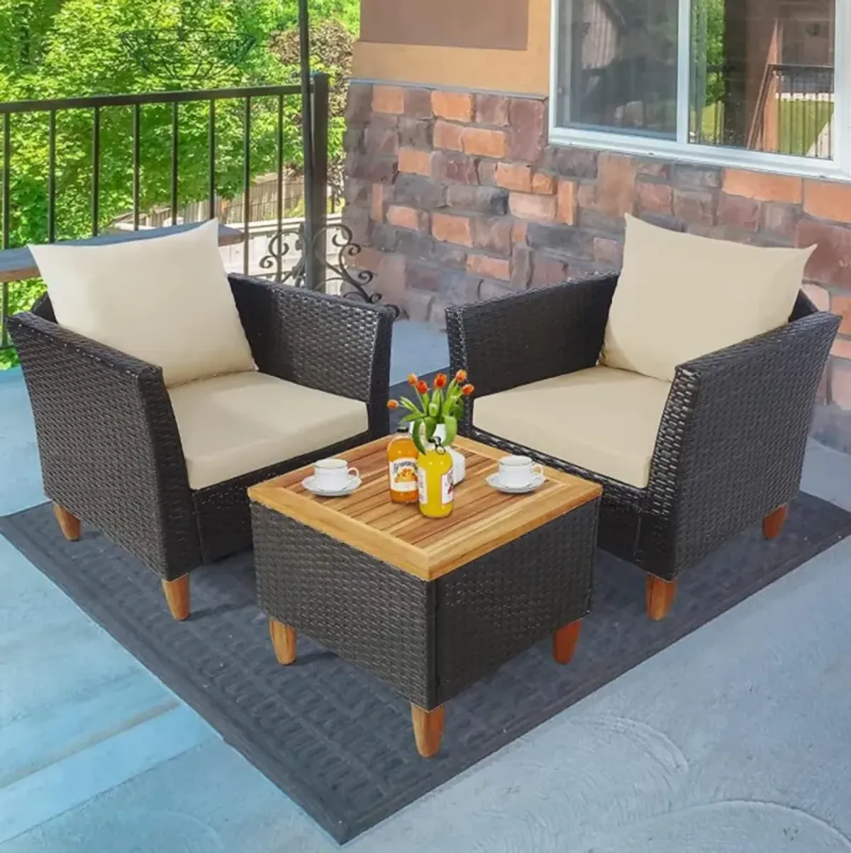 Hivvago 3 Pieces Patio Rattan Bistro Furniture Set with Wooden Table Top