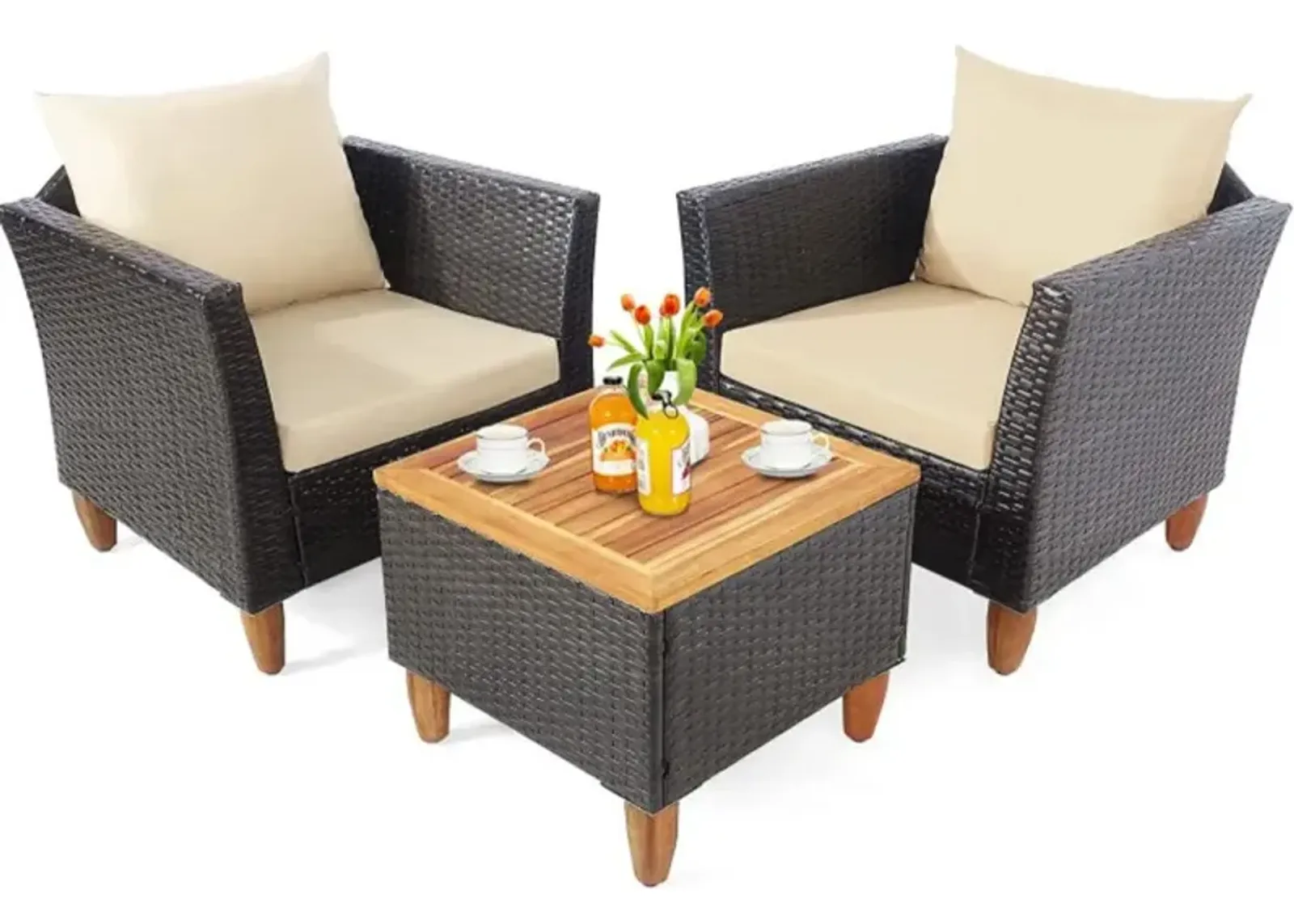 Hivvago 3 Pieces Patio Rattan Bistro Furniture Set with Wooden Table Top