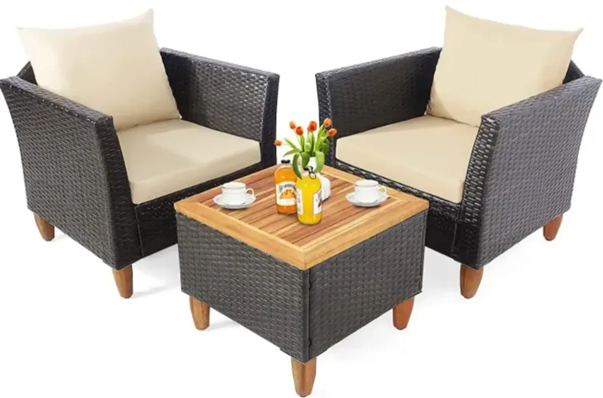 Hivvago 3 Pieces Patio Rattan Bistro Furniture Set with Wooden Table Top