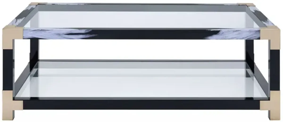 54 X 18 X 34 White Brushed Black Gold And Clear Glass Coffee Table