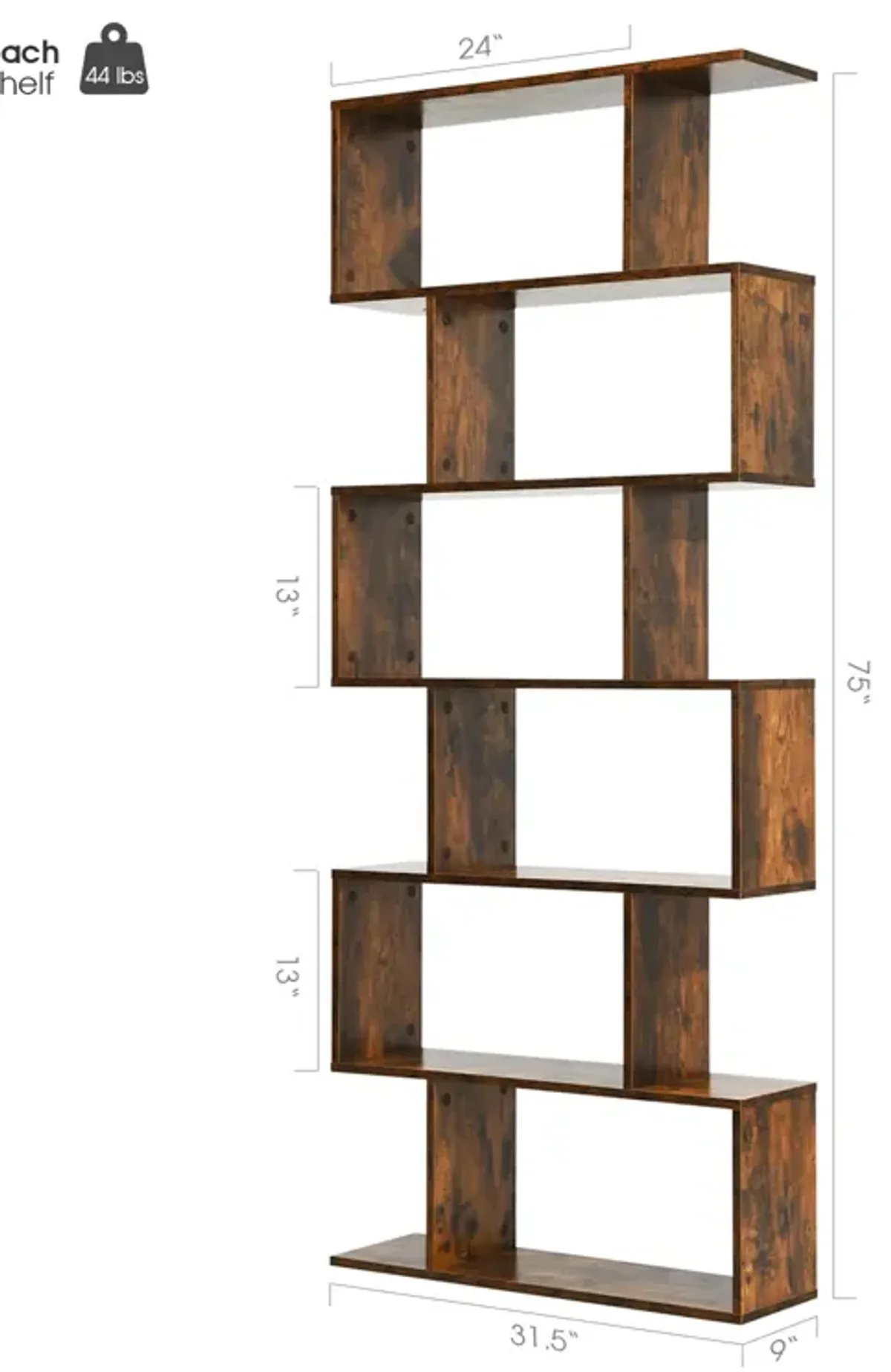 6 Tier S-Shaped Bookshelf Storage Display Bookcase Decor Z-Shelf