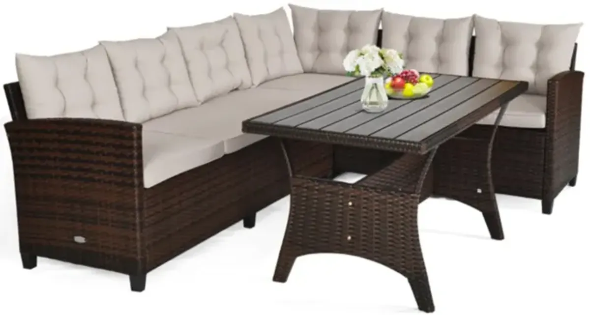 Hivvago 3 Pieces Hand-Woven Rattan Outdoor Sofa Set with Dining Table