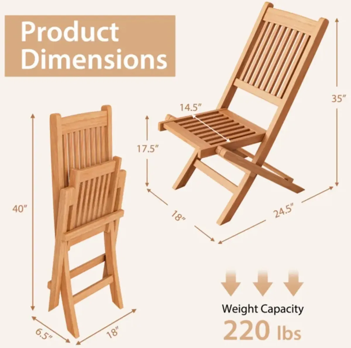 Hivvago Teak Wood Patio Folding Dining Chair with Slatted Seat