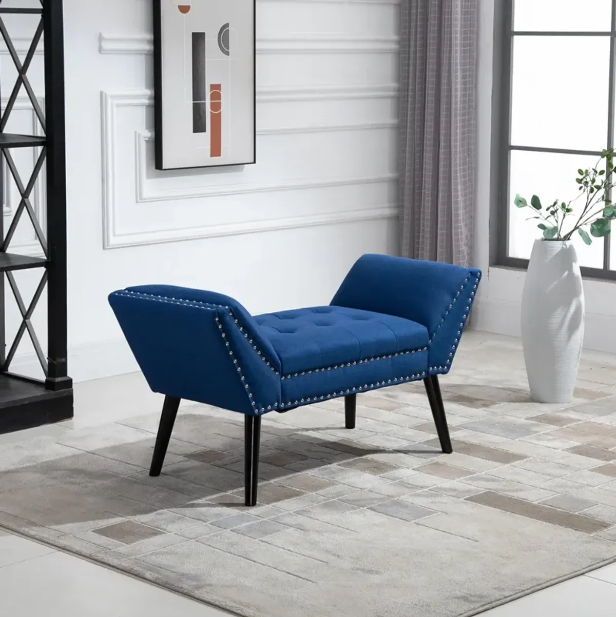 Blue Living Room Ottoman: Button Tufted Fabric Upholstered Bench