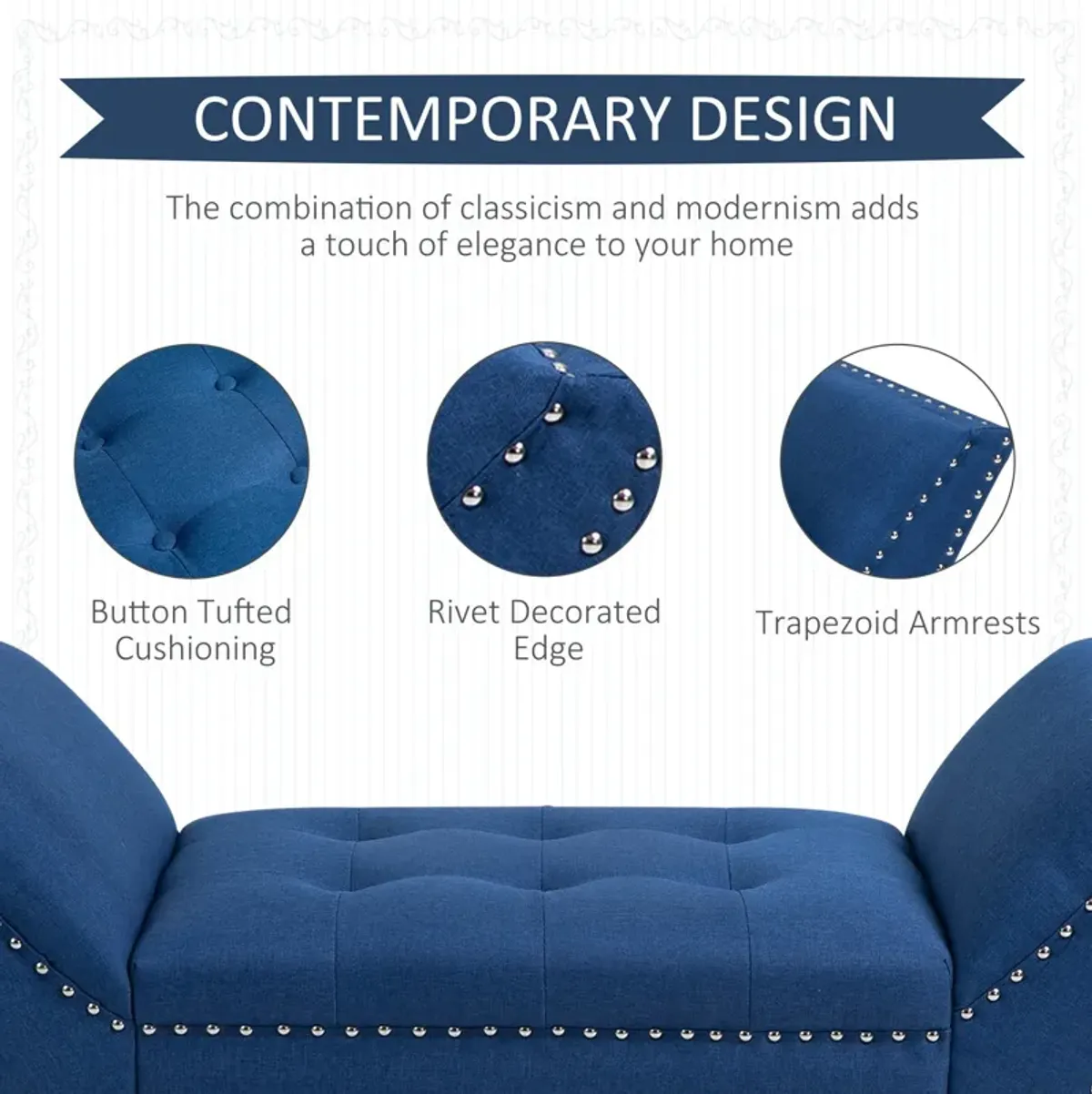 Blue Living Room Ottoman: Button Tufted Fabric Upholstered Bench