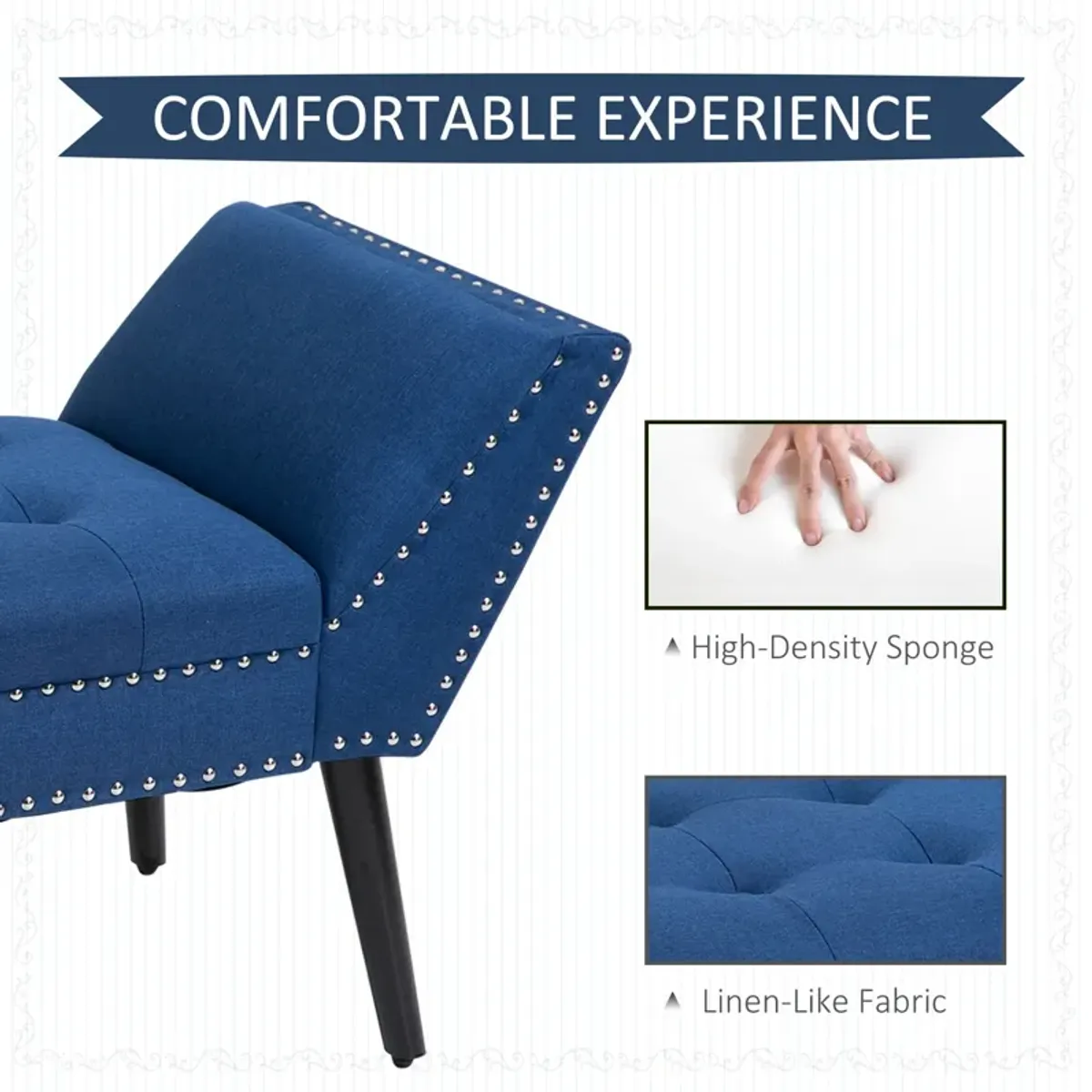 Blue Living Room Ottoman: Button Tufted Fabric Upholstered Bench