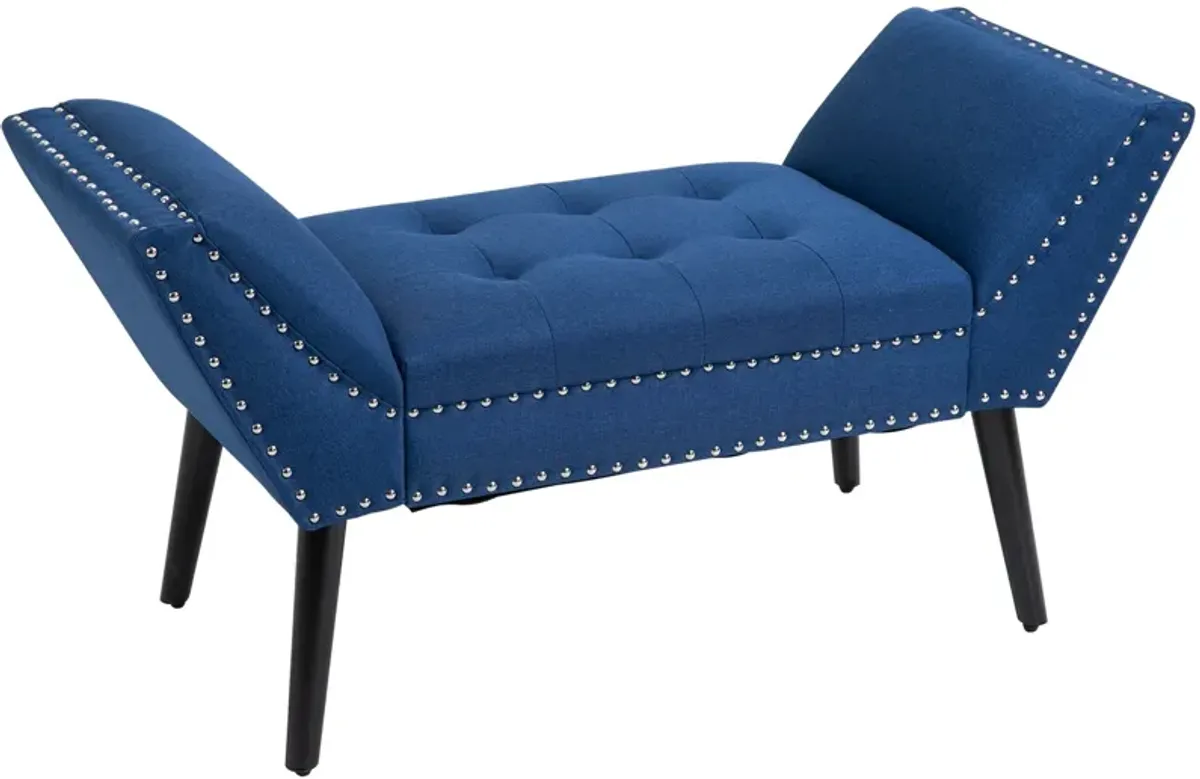 Blue Living Room Ottoman: Button Tufted Fabric Upholstered Bench