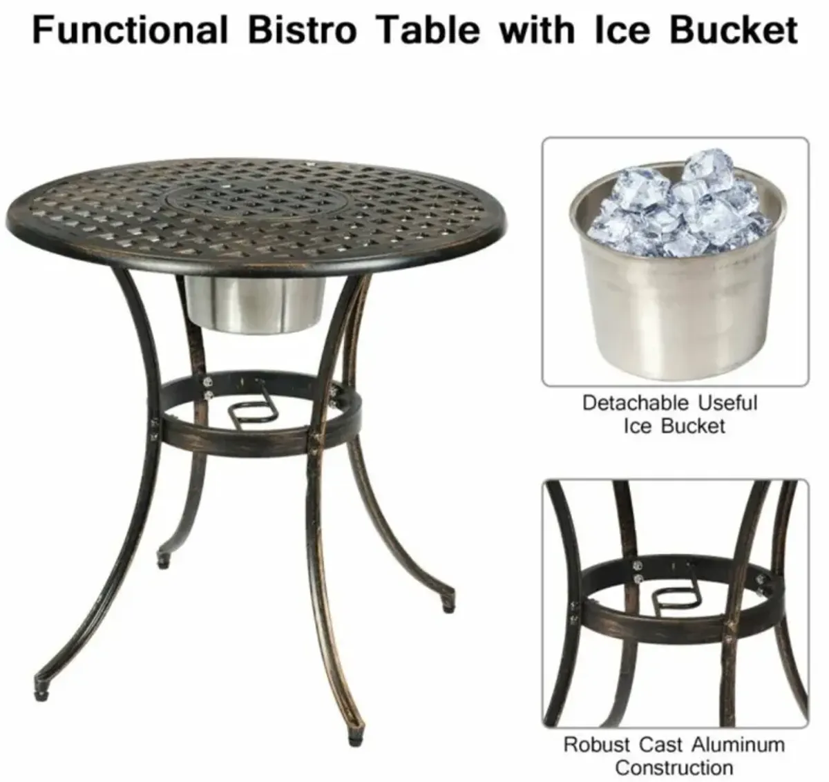 Hivvago 3 Pieces Outdoor Set Patio Bistro with Attached Removable Ice Bucket