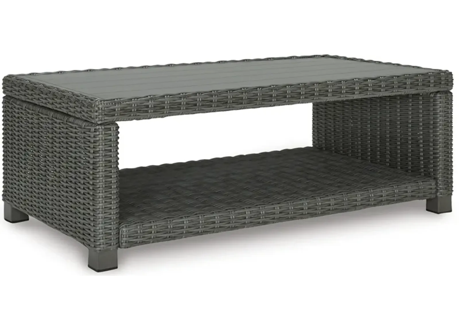 Ellie 50 Inch Outdoor Coffee Table, Lower Shelf, Gray Resin Wicker, Metal - Benzara