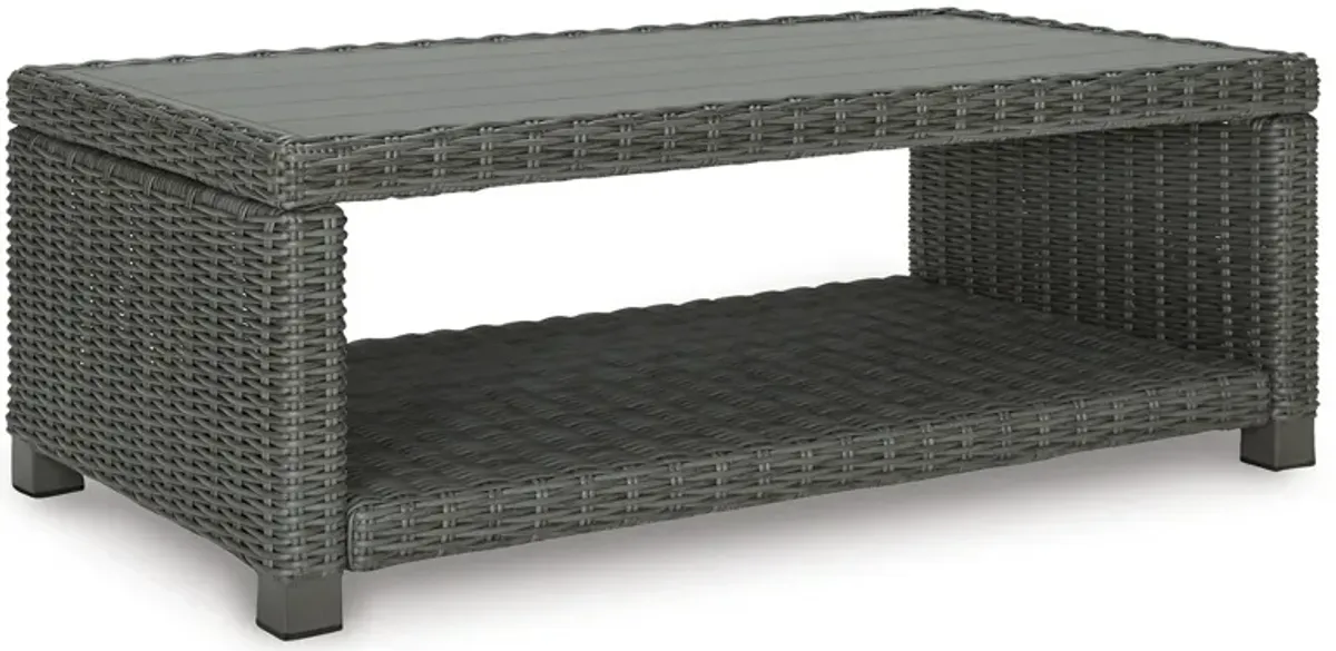 Ellie 50 Inch Outdoor Coffee Table, Lower Shelf, Gray Resin Wicker, Metal - Benzara