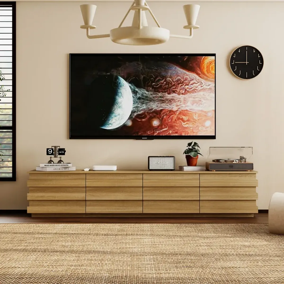 FUFU&GAGA Modern Walnut Wood Grain TV Stand with 4 Drawers (78.7" W x 15.6" D x 15.7" H), Walnut