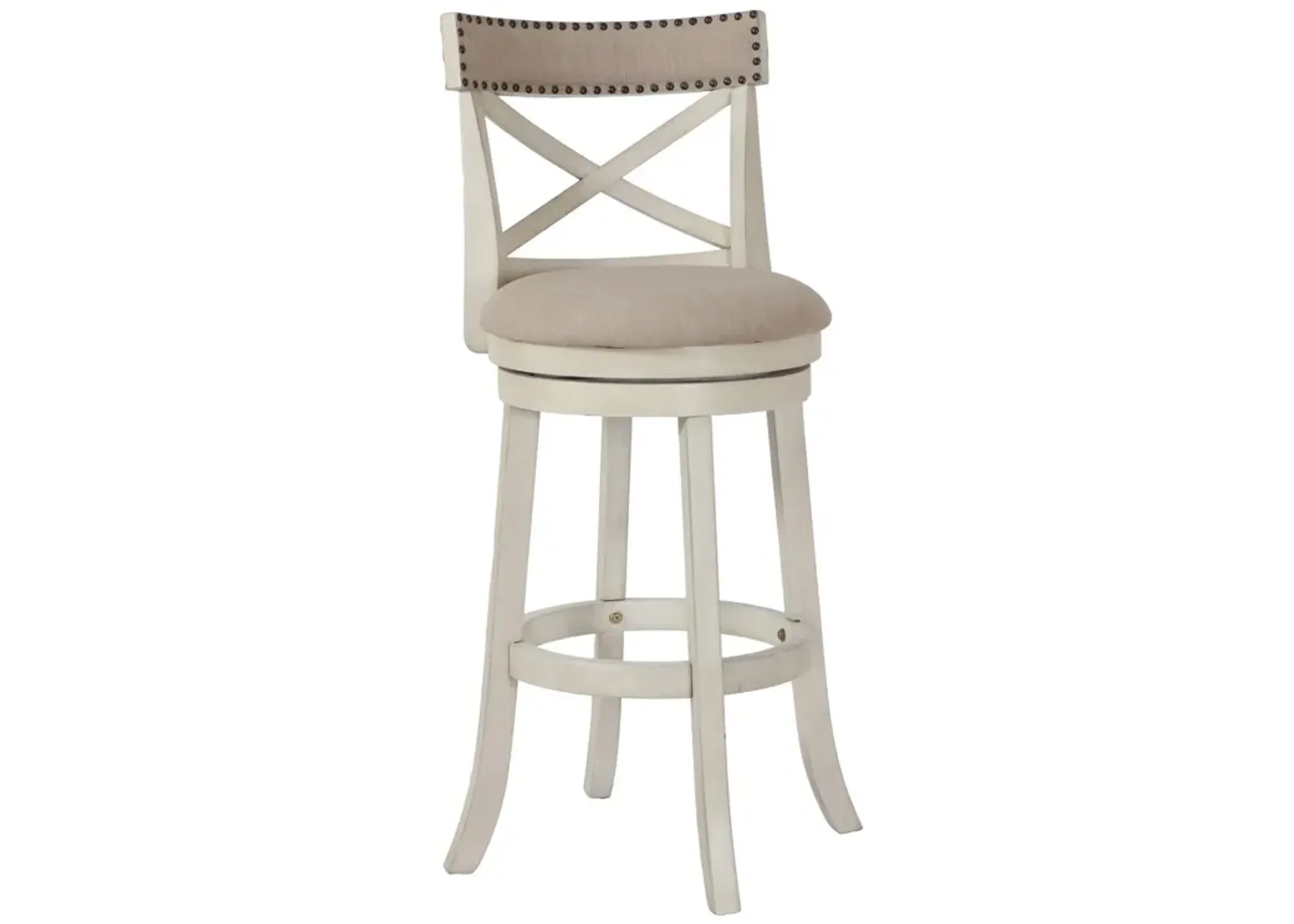 Curved X Shaped Back Swivel Barstool with Fabric Padded Seating, Antique White-Benzara