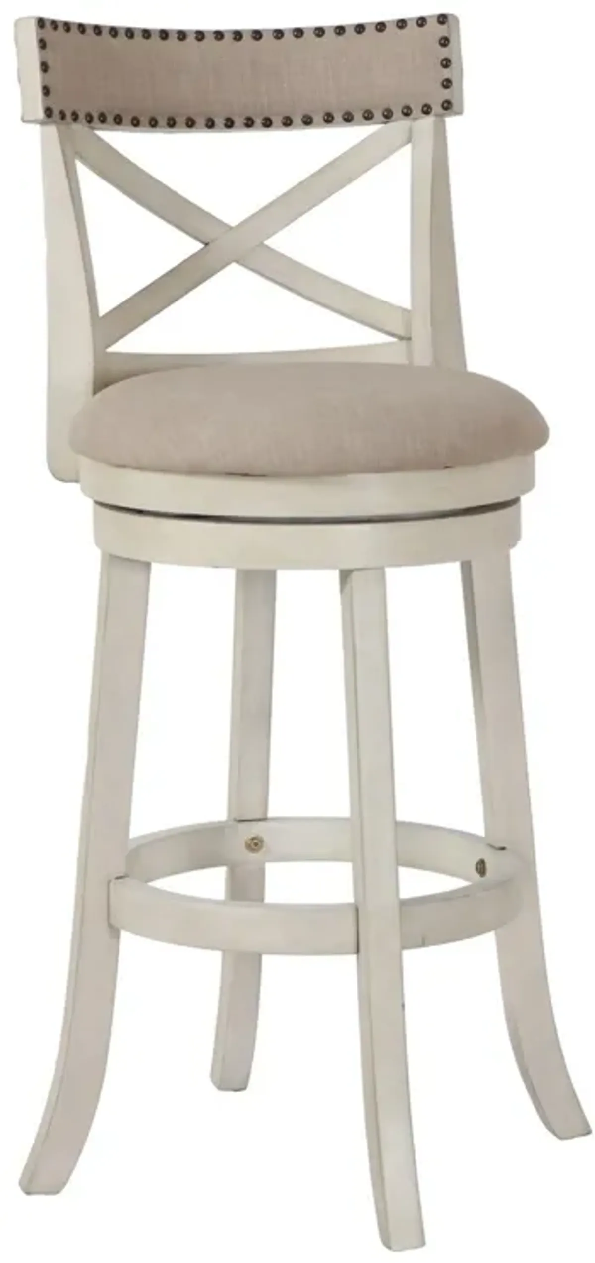 Curved X Shaped Back Swivel Barstool with Fabric Padded Seating, Antique White-Benzara