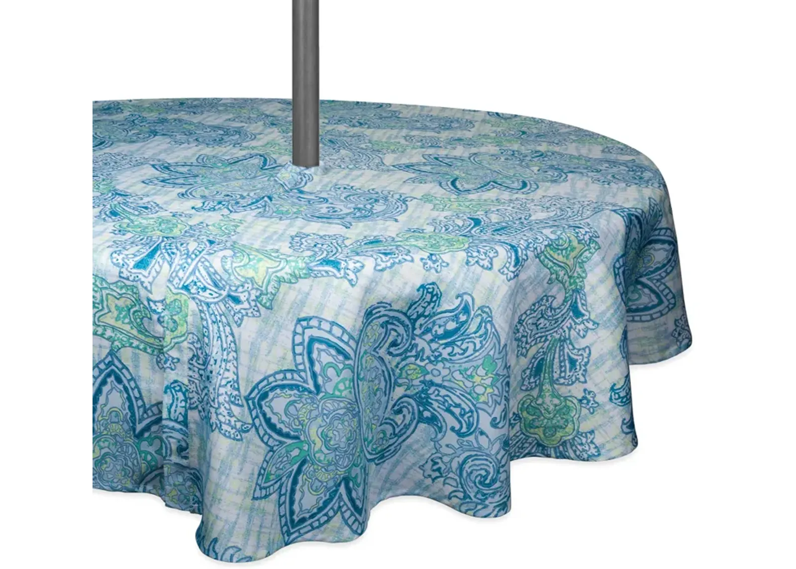 60" Zippered Round Outdoor Tablecloth with Blue Watercolor Paisley Print Design