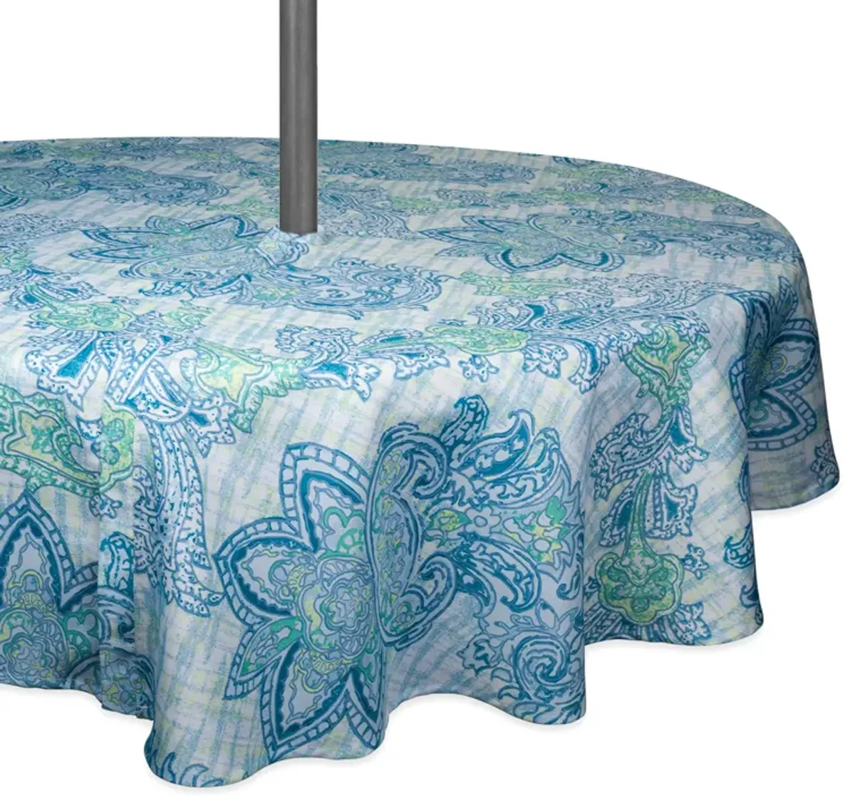 60" Zippered Round Outdoor Tablecloth with Blue Watercolor Paisley Print Design