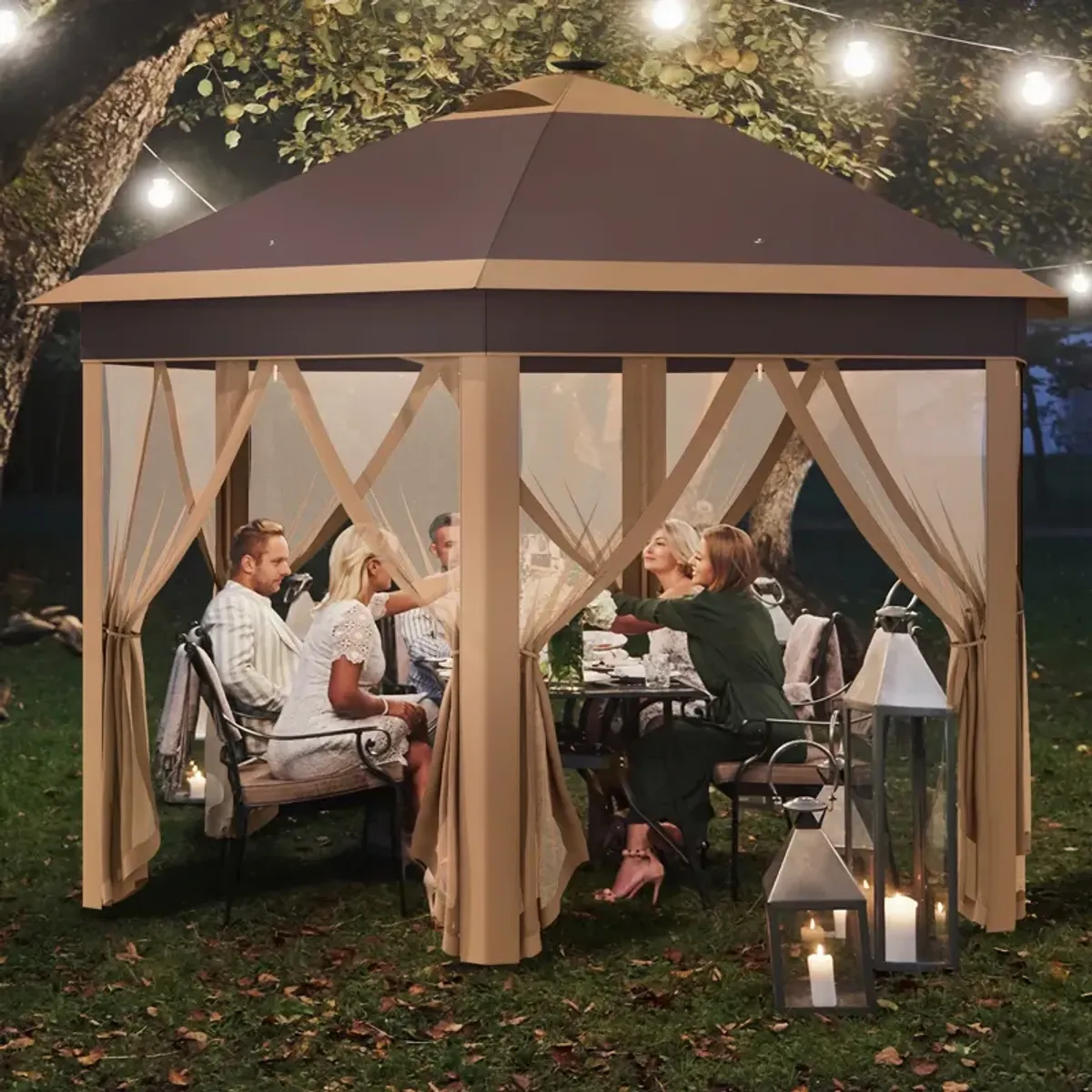 Outsunny 11' x 13' Pop up Gazebo with Netting & Solar LED Lights, Instant Portable Gazebo Shelter, Hexagonal Outdoor Canopy Tent Screen House Room with Carry Bag, Beige