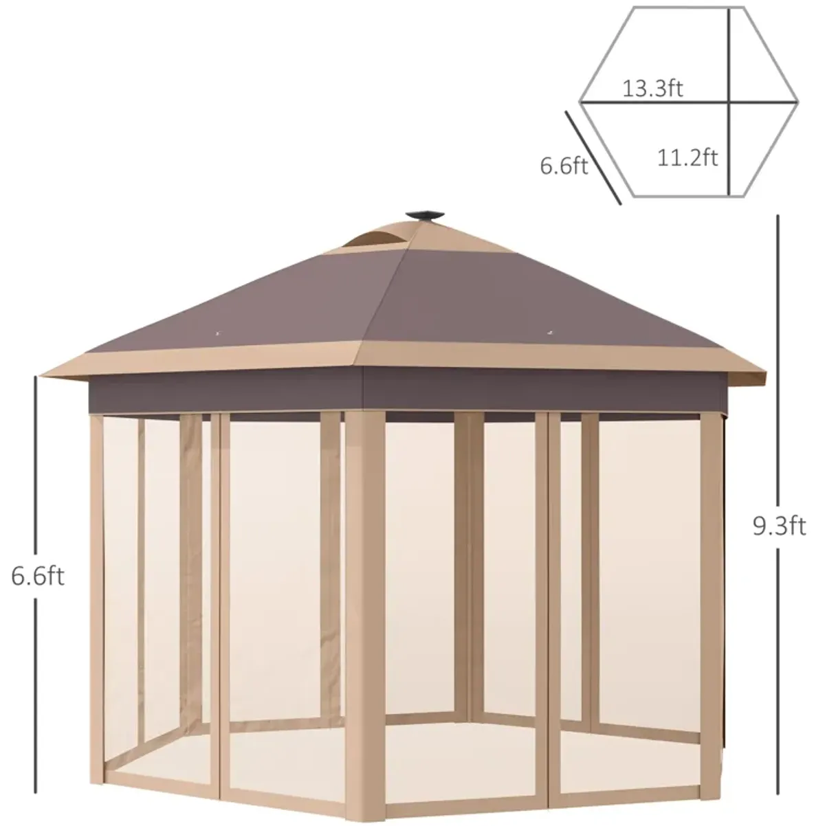 Outsunny 11' x 13' Pop up Gazebo with Netting & Solar LED Lights, Instant Portable Gazebo Shelter, Hexagonal Outdoor Canopy Tent Screen House Room with Carry Bag, Beige