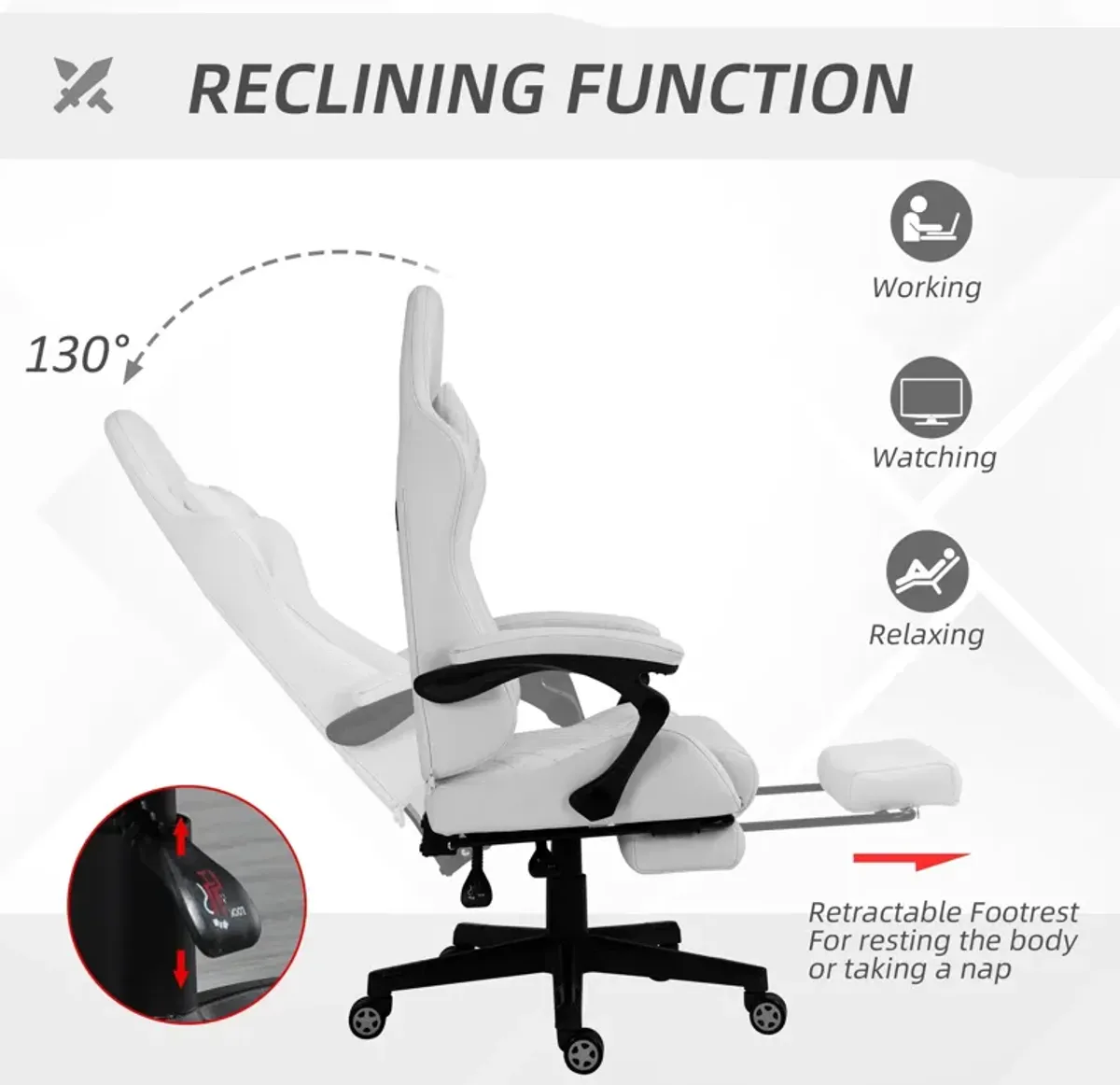 White Gaming Comfort: Racing Chair with PU Leather and Retractable Footrest