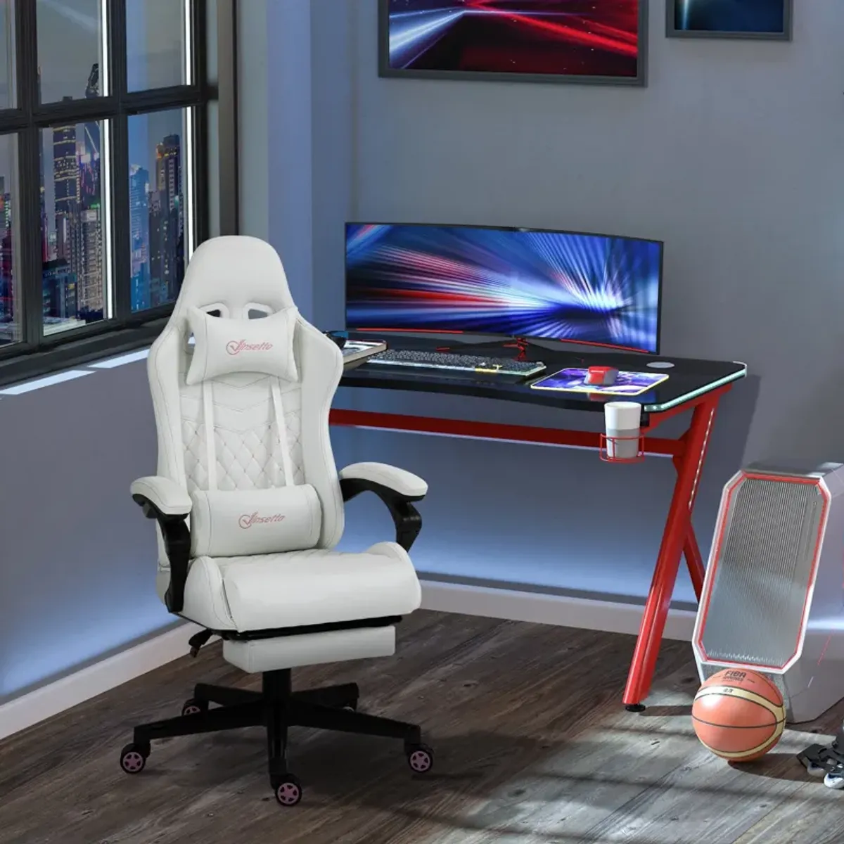 White Gaming Comfort: Racing Chair with PU Leather and Retractable Footrest