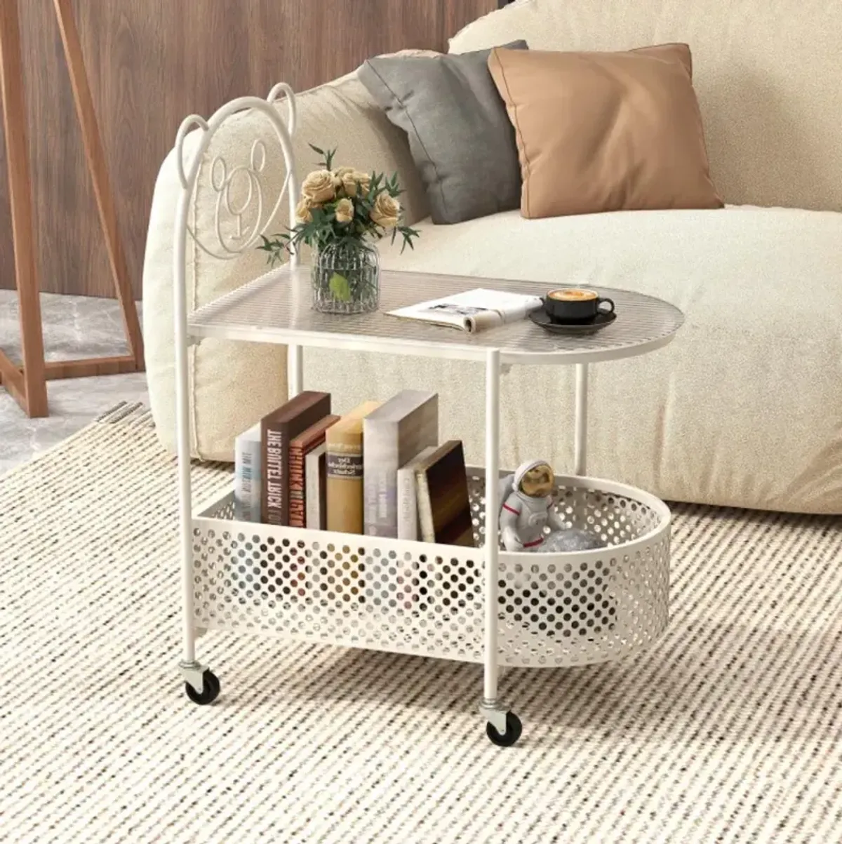 Hivvago 2-Tier Mobile Glass Coffee Table with Bear Pattern