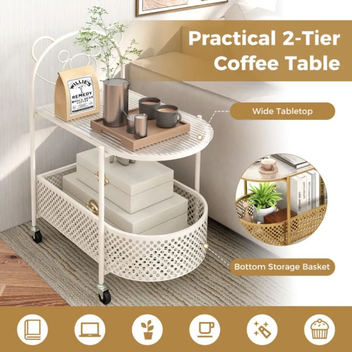 Hivvago 2-Tier Mobile Glass Coffee Table with Bear Pattern