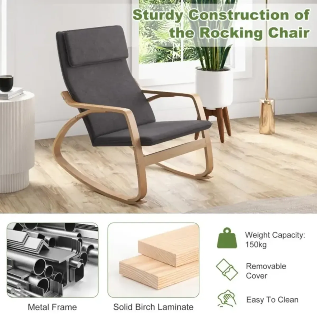 Hivvago Stable Wooden Frame Leisure Rocking Chair with Removable Upholstered Cushion