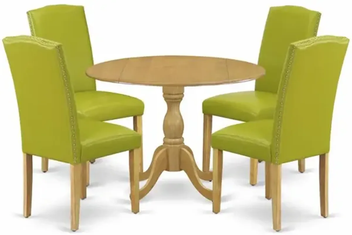 East West Furniture DMEN5-OAK-51 5 Piece Modern Dining Table Set - Oak Breakfast Table and 4 Autumn Green PU Leather Dining Chairs with High Back - Oak Finish