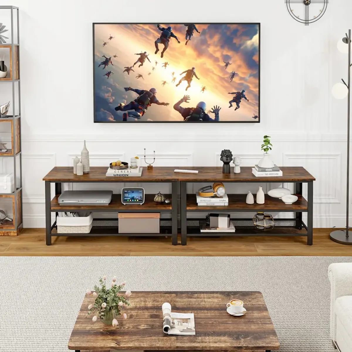 3-Tier Industrial Entertainment TV Stand with Metal Mesh Shelf