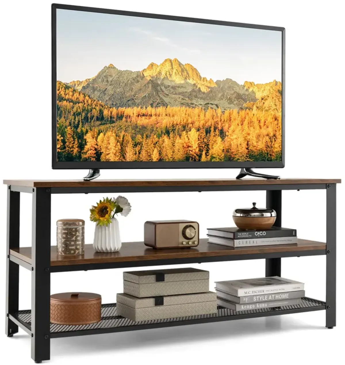 3-Tier Industrial Entertainment TV Stand with Metal Mesh Shelf