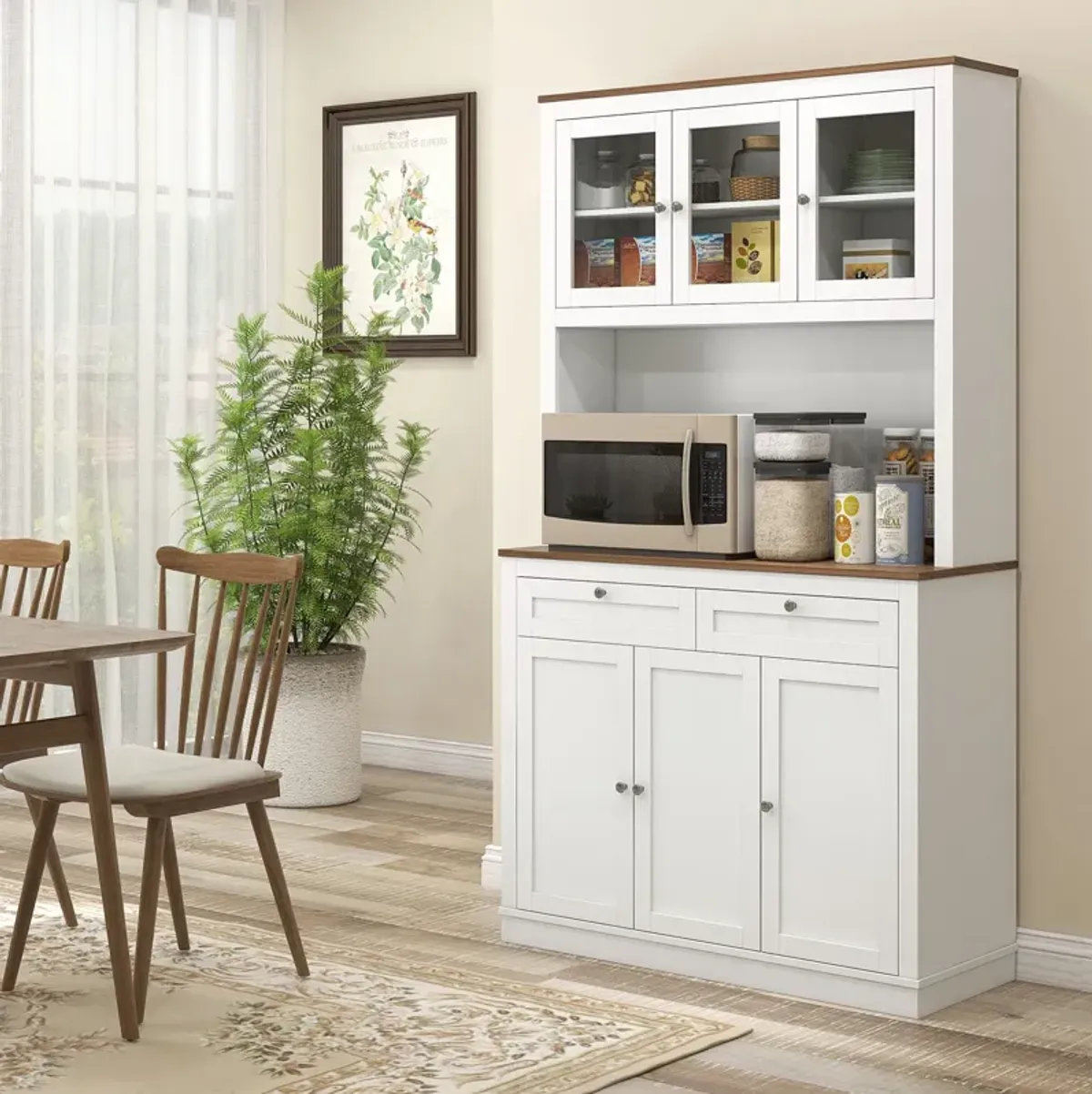 71" White Kitchen Pantry: Microwave Stand, 2 Drawers, 4 Cabinets