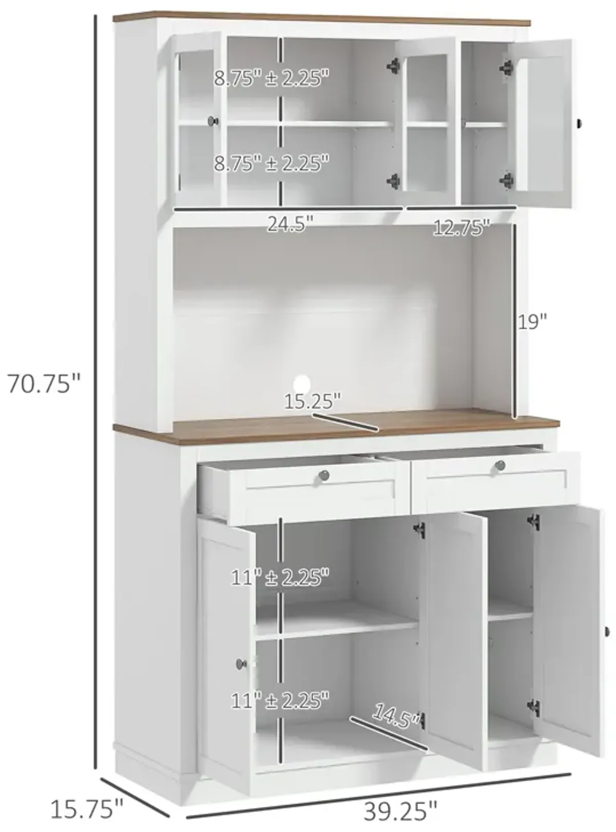 71" White Kitchen Pantry: Microwave Stand, 2 Drawers, 4 Cabinets