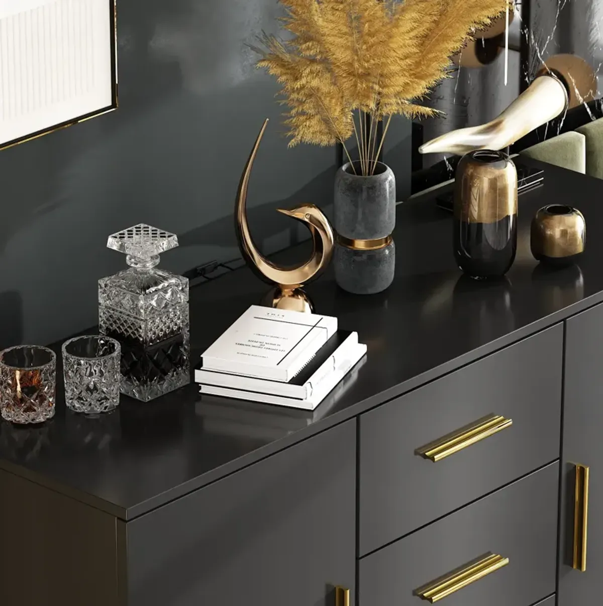 Black Storage Accent Cabinets with 3-Drawers and 2-Cabinets, Metal Legs Cupboard Floor-Standing Sideboard