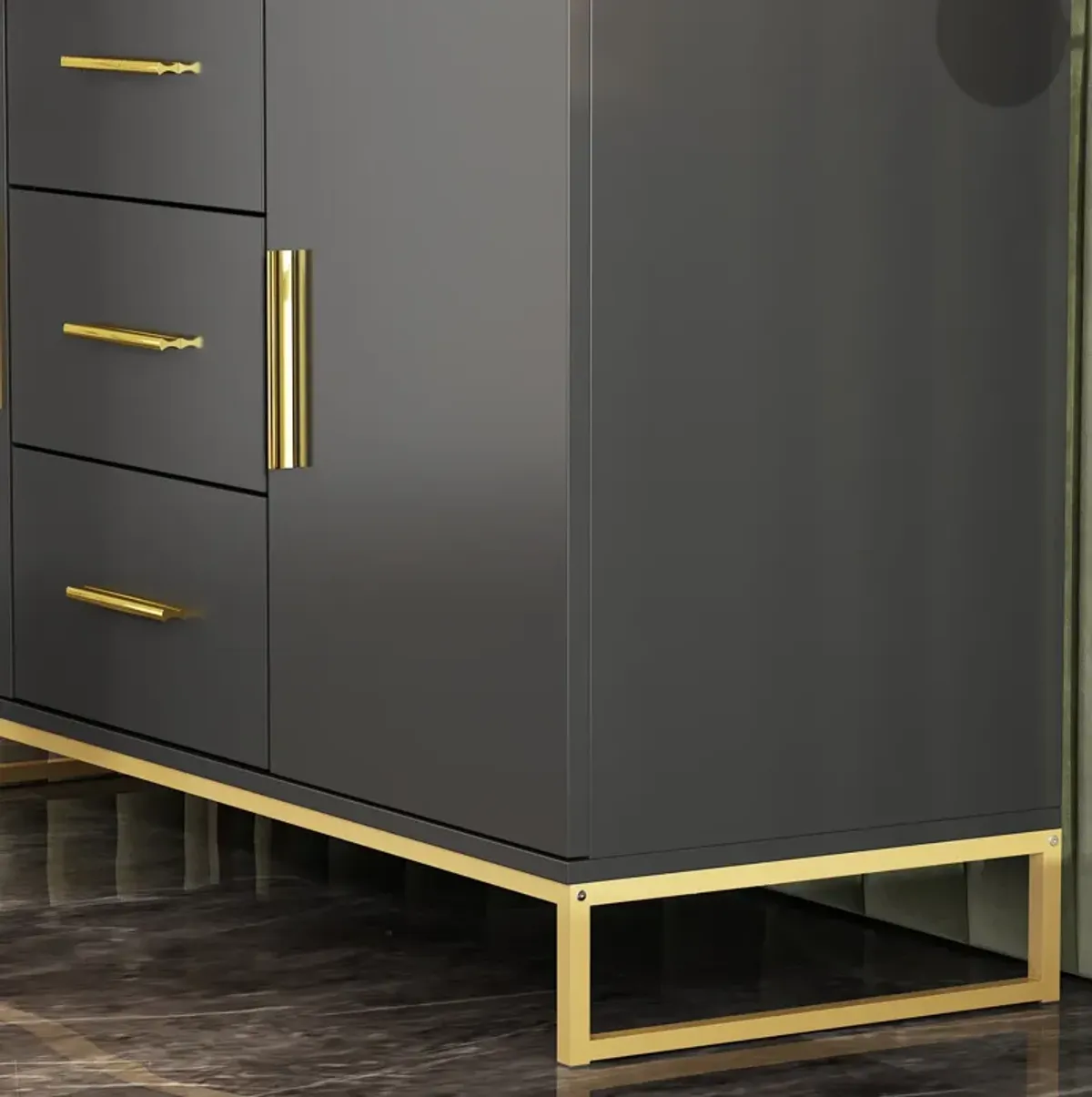 Black Storage Accent Cabinets with 3-Drawers and 2-Cabinets, Metal Legs Cupboard Floor-Standing Sideboard