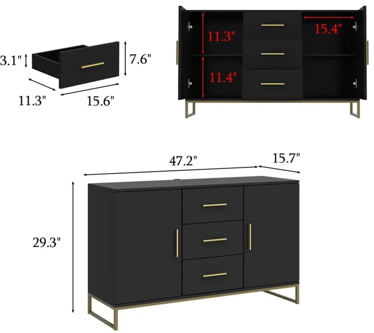 Black Storage Accent Cabinets with 3-Drawers and 2-Cabinets, Metal Legs Cupboard Floor-Standing Sideboard