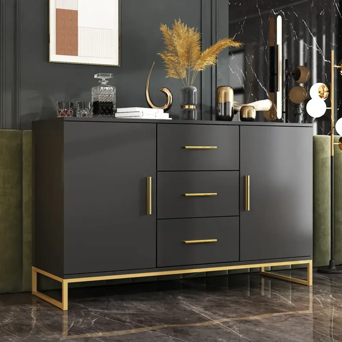 Black Storage Accent Cabinets with 3-Drawers and 2-Cabinets, Metal Legs Cupboard Floor-Standing Sideboard