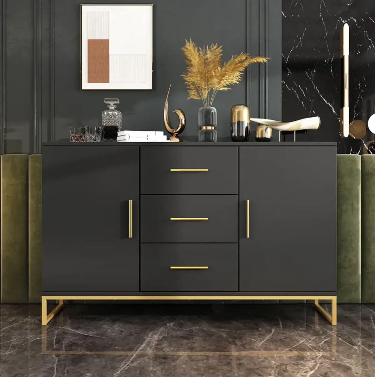 Black Storage Accent Cabinets with 3-Drawers and 2-Cabinets, Metal Legs Cupboard Floor-Standing Sideboard